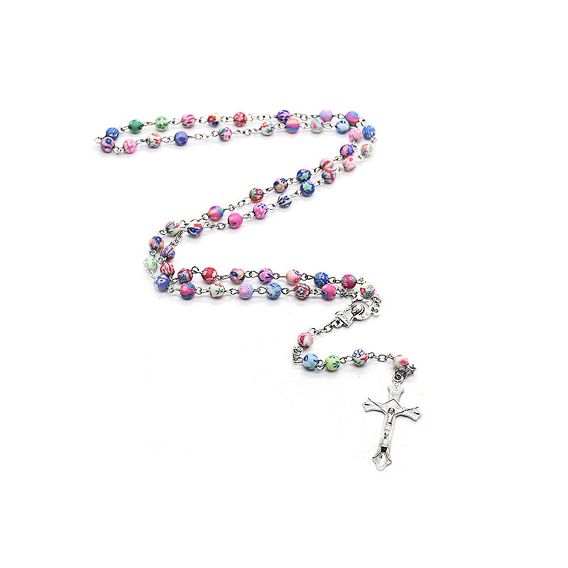 Rosary Necklace Church Blessed Colorful Clay Prayer Beads Chain Crucifix Cross Pendant Our Lady Medal Baptism Communion Chaplet