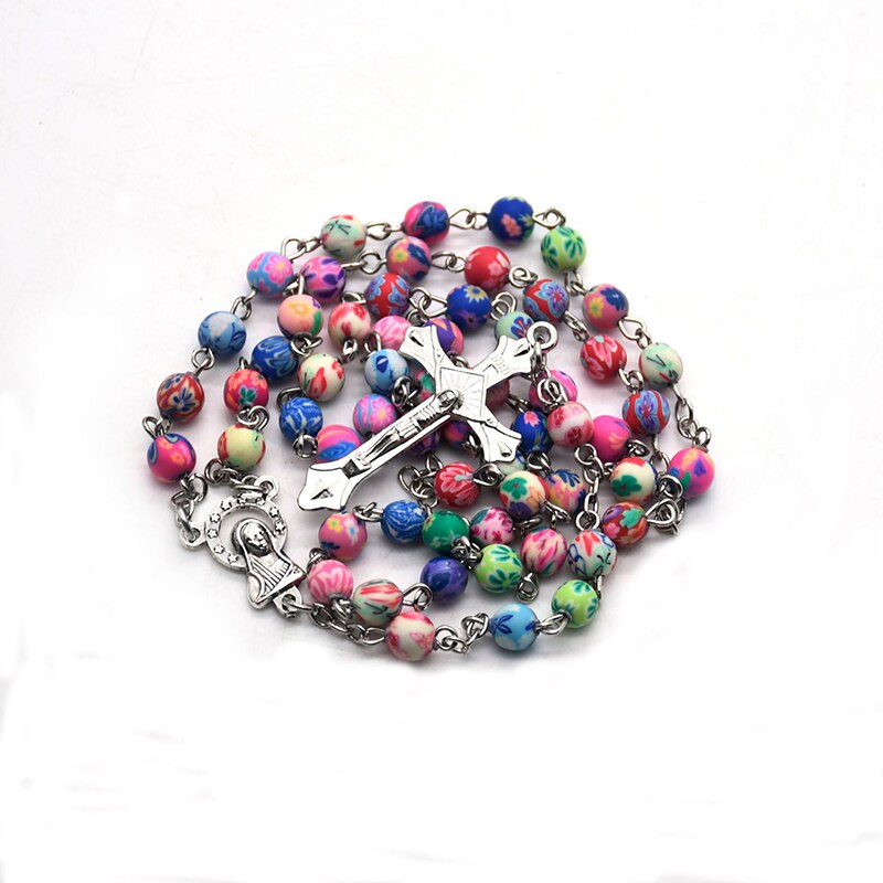 Rosary Necklace Church Blessed Colorful Clay Prayer Beads Chain Crucifix Cross Pendant Our Lady Medal Baptism Communion Chaplet