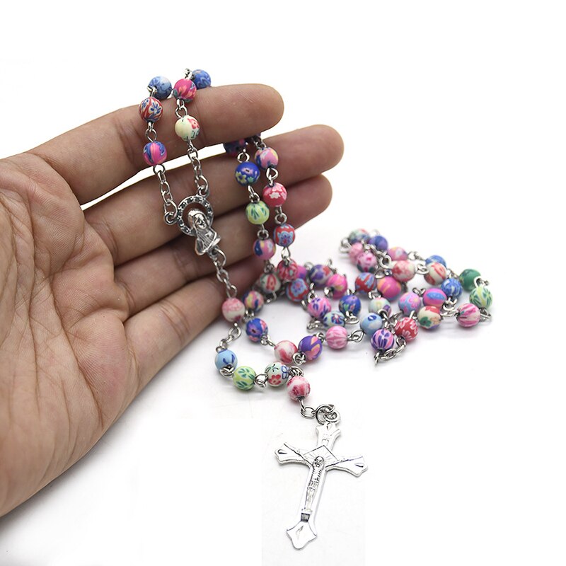 Rosary Necklace Church Blessed Colorful Clay Prayer Beads Chain Crucifix Cross Pendant Our Lady Medal Baptism Communion Chaplet