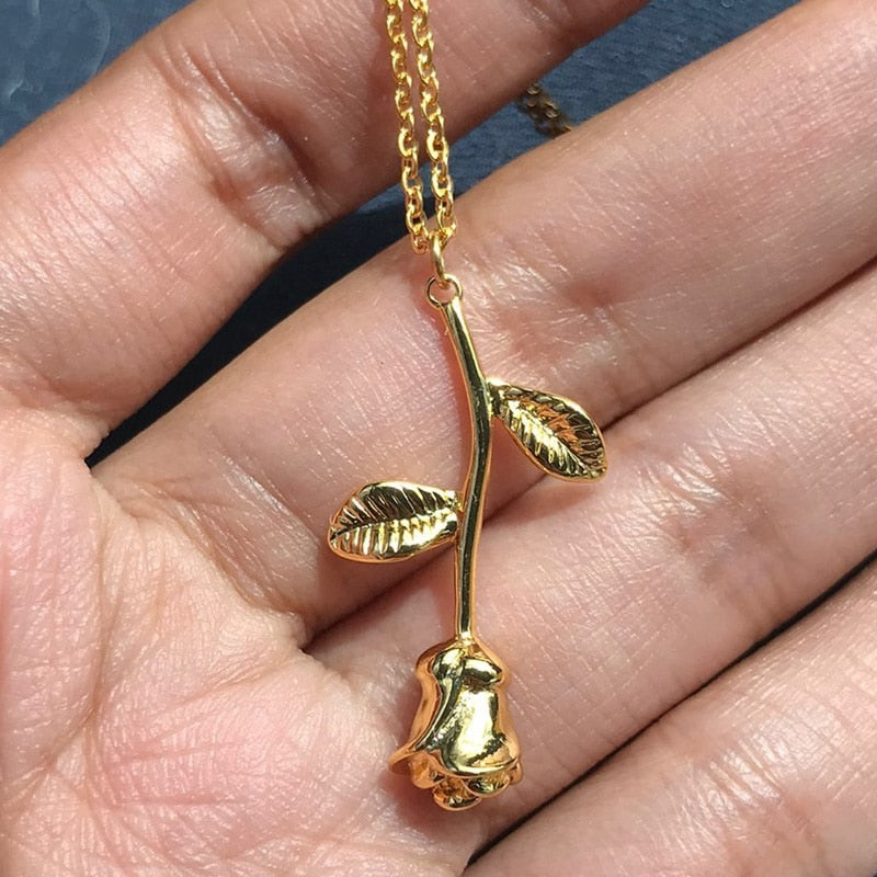 Rose Flower Necklace For Women Stainless Steel Beauty and the Beast Pendant Necklaces Charm Boho Jewelry Valentine's day Gift
