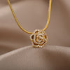 Rose Flower Pendant Necklace For Women Stainless Steel Cubic Zirconia Necklaces Vintage Floral Jewelry Christmas Gift collares