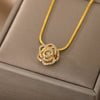 Rose Flower Pendant Necklace For Women Stainless Steel Cubic Zirconia Necklaces Vintage Floral Jewelry Christmas Gift collares