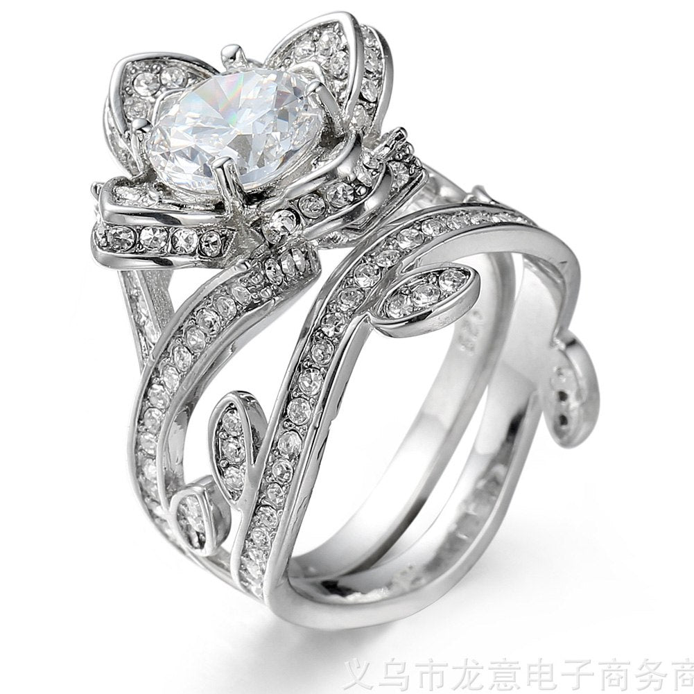 Rose Flower Silver Plated Wedding Ring for Women AAA cz Zircon Imitation Crystal Hollow Out Large Ring jewelry anillos feminino