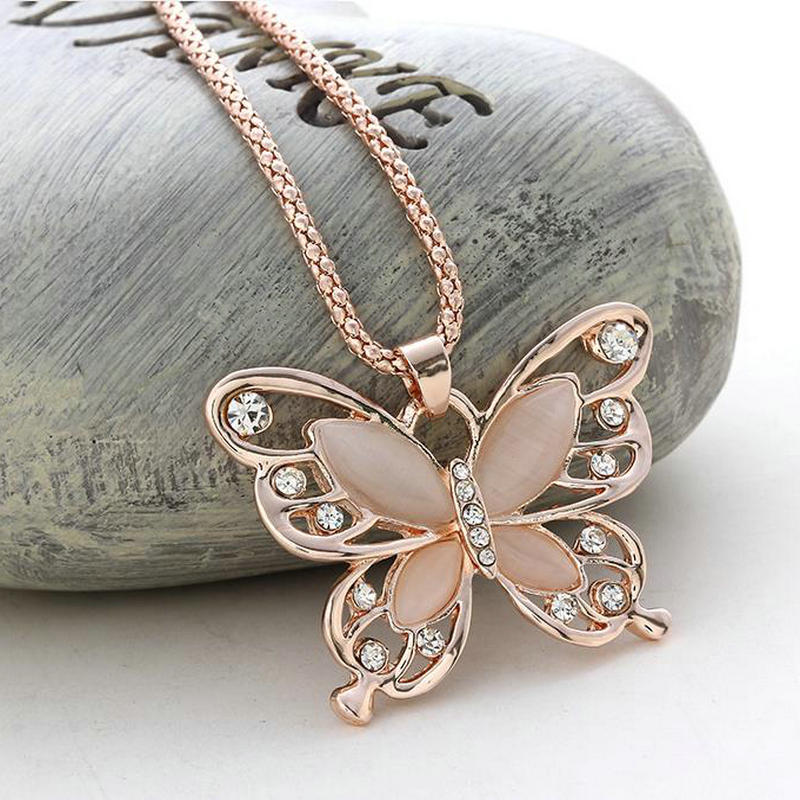Rose Gold Acrylic Crystal 4CM Big Butterfly Pendant Necklace 70CM Long Chain Sweater Jewelry For Women