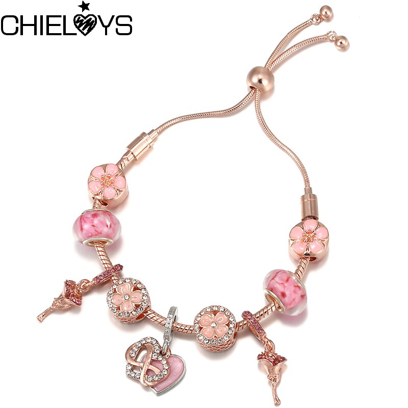 Rose Gold Bracelet Enamel Pink Flower&Infinite  Pendant Adjustable Charm Bracelet For Women Jewelry Valentine's Day Present