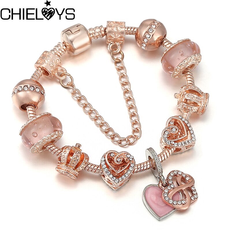 Rose Gold Color European Style Gigantic Pendant Charm Bracelet Fit Crystal Hollow Love Beads Bracelet For Women Jewelry Pulseras