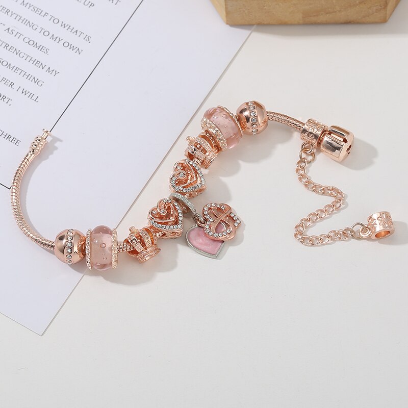 Rose Gold Color European Style Gigantic Pendant Charm Bracelet Fit Crystal Hollow Love Beads Bracelet For Women Jewelry Pulseras