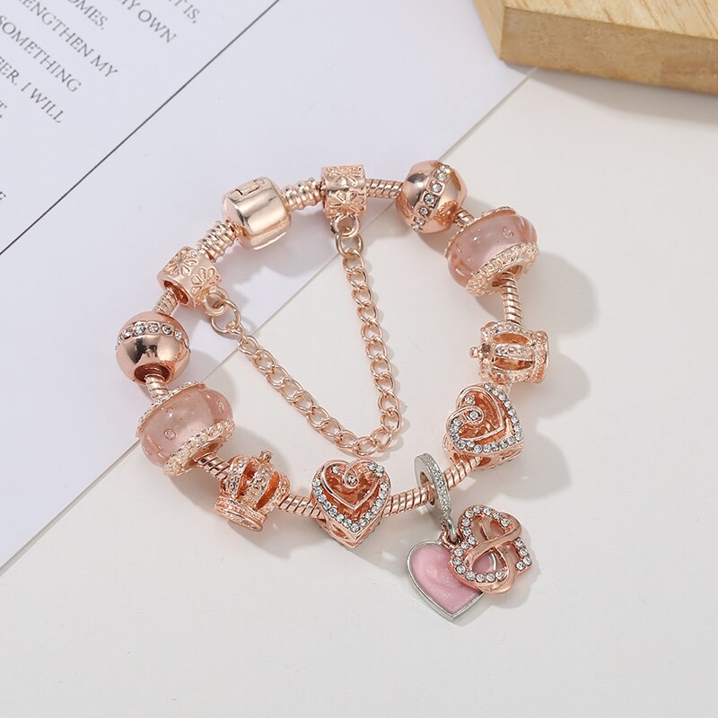 Rose Gold Color European Style Gigantic Pendant Charm Bracelet Fit Crystal Hollow Love Beads Bracelet For Women Jewelry Pulseras