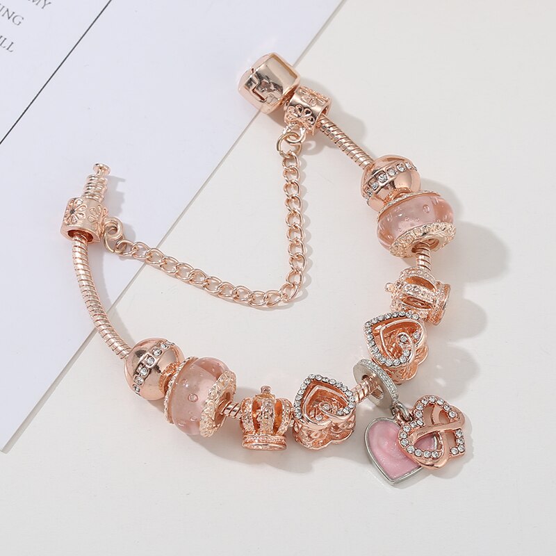Rose Gold Color European Style Gigantic Pendant Charm Bracelet Fit Crystal Hollow Love Beads Bracelet For Women Jewelry Pulseras