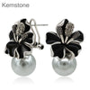 Rose Gold Color Simulated Pearl Earrings Woman Flower Stud Earrings with Austria Rhinestone
