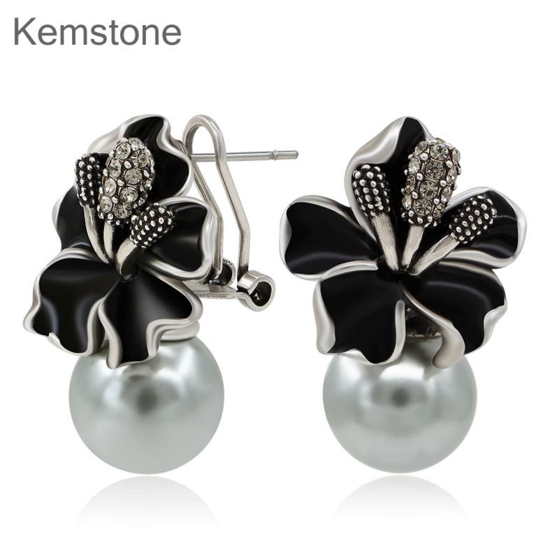 Rose Gold Color Simulated Pearl Earrings Woman Flower Stud Earrings with Austria Rhinestone