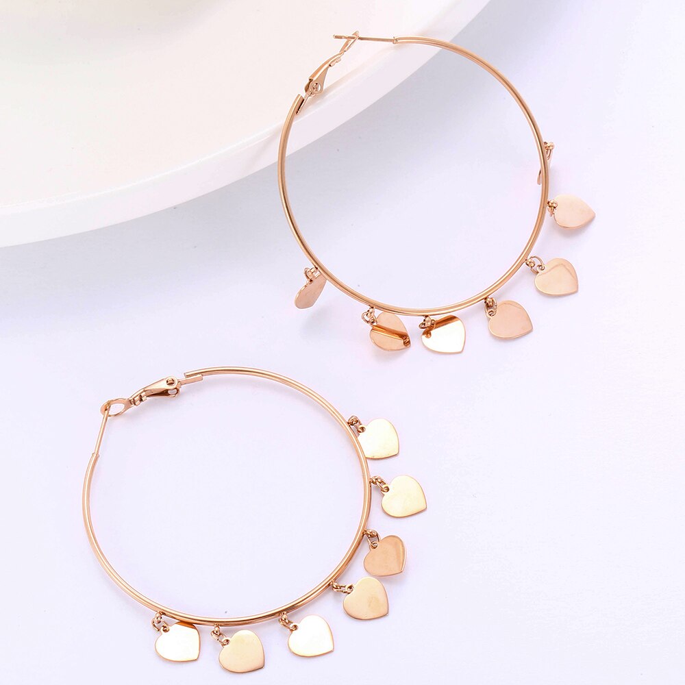 Rose Gold Color Stainless Steel Heart Pendant Hoop Earrings For Woman Party Gifts Round Charm Jewelry Korean 2022