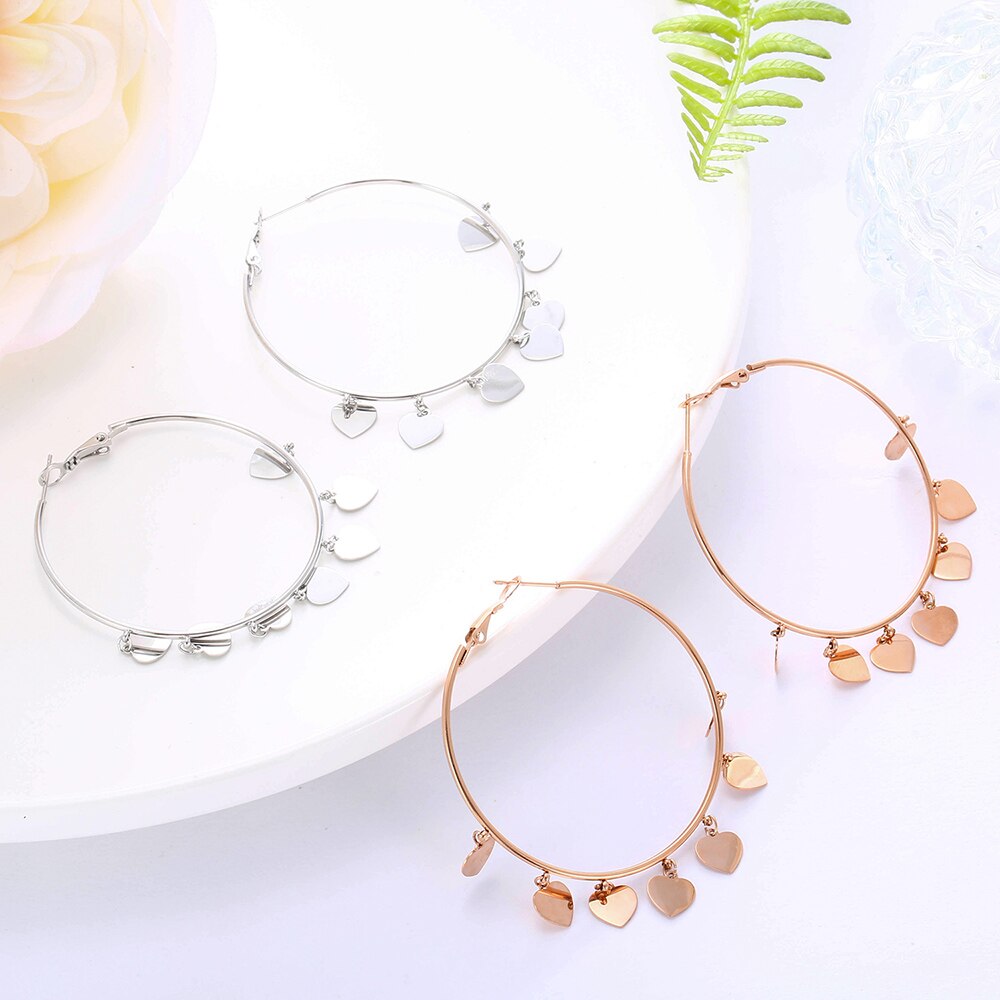 Rose Gold Color Stainless Steel Heart Pendant Hoop Earrings For Woman Party Gifts Round Charm Jewelry Korean 2022