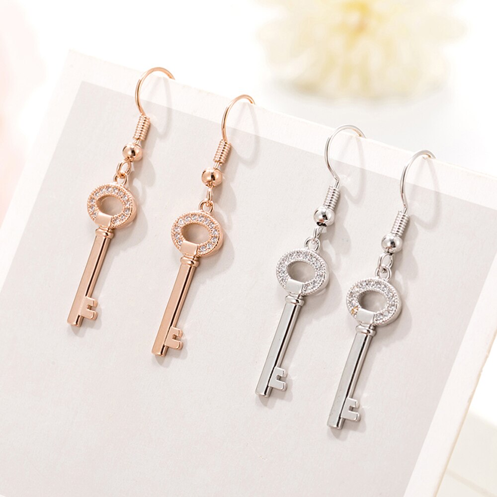 Rose Gold Cubic Zirconia Key Dangle Earrings For Women Jewelry Crystal Earrings 2022 Gift to My Friend