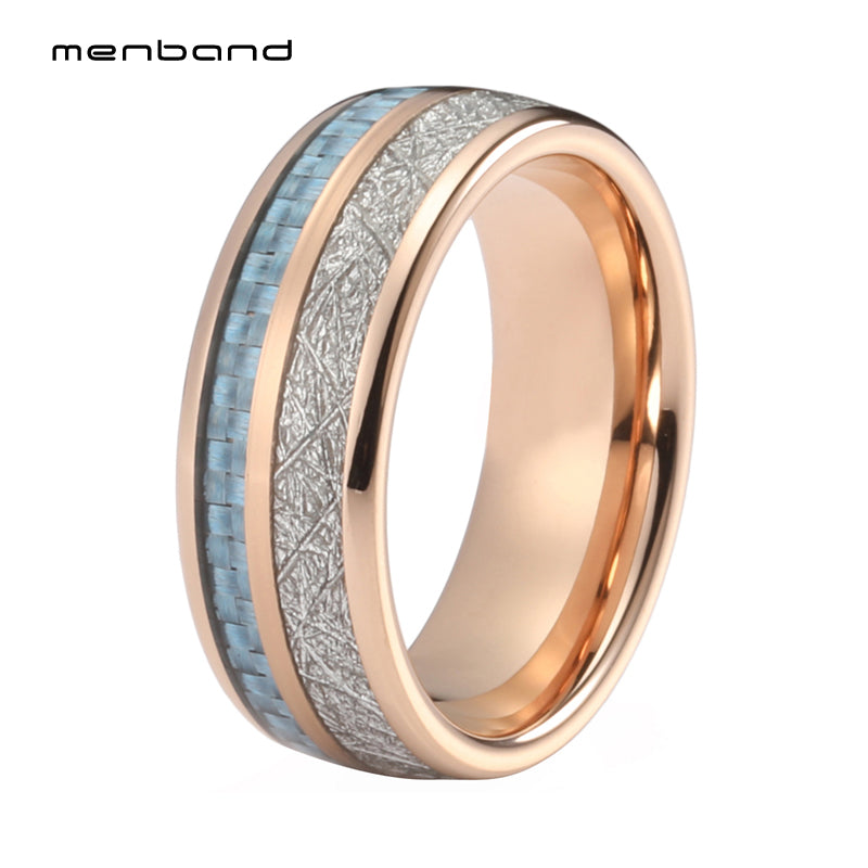 Rose Gold Mens Womens Wedding Band Tungsten Carbide Ring 8MM With Blue Carbon Fiber And Meteorite Inlay