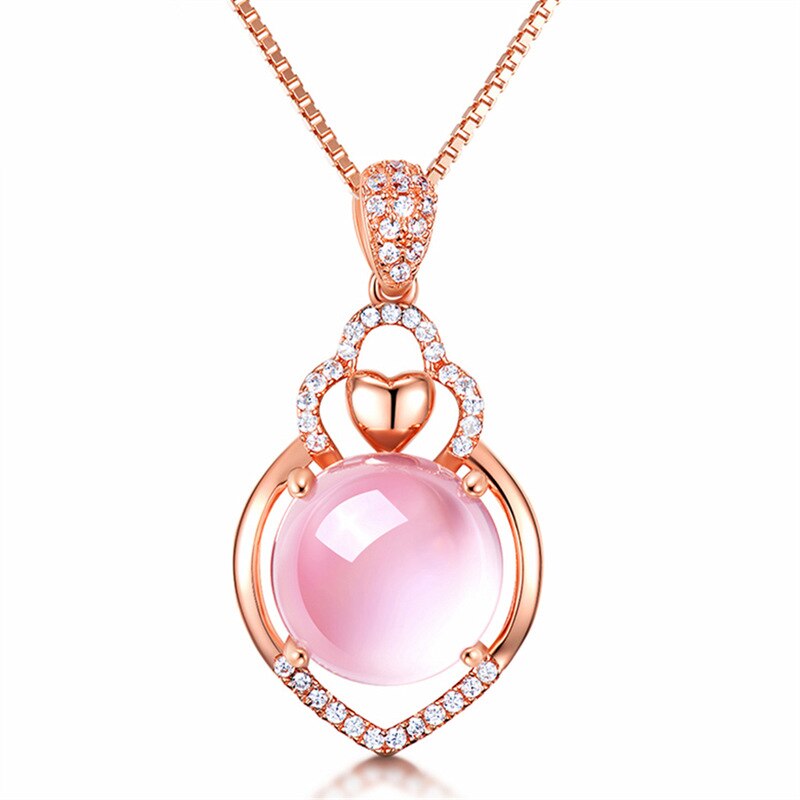 Rose Gold Necklace CZ Crystal Pink Opal Pendant Necklace Chokers Rose Gold Color for Women Girls Ross Quartz Cute Gift