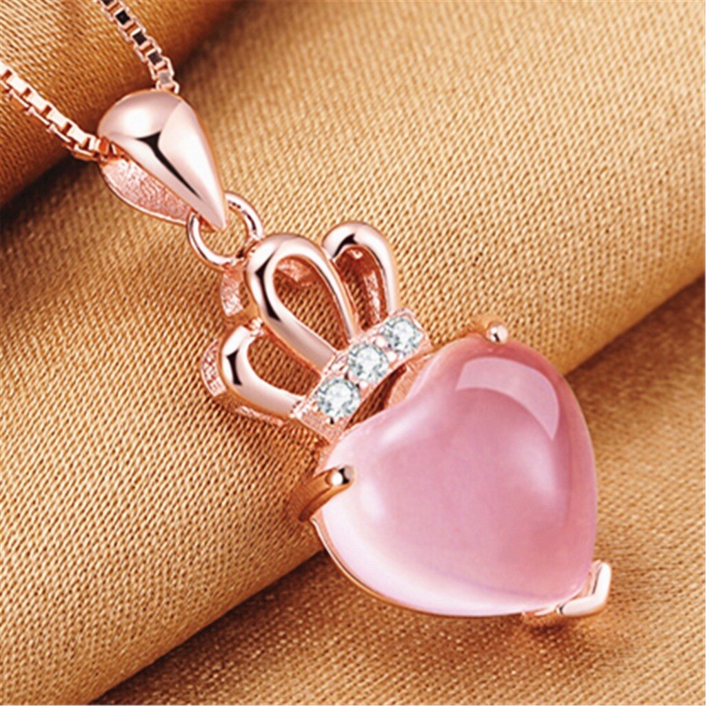 Rose Gold Necklace CZ Crystal Pink Opal Pendant Necklace Chokers Rose Gold Color for Women Girls Ross Quartz Cute Gift