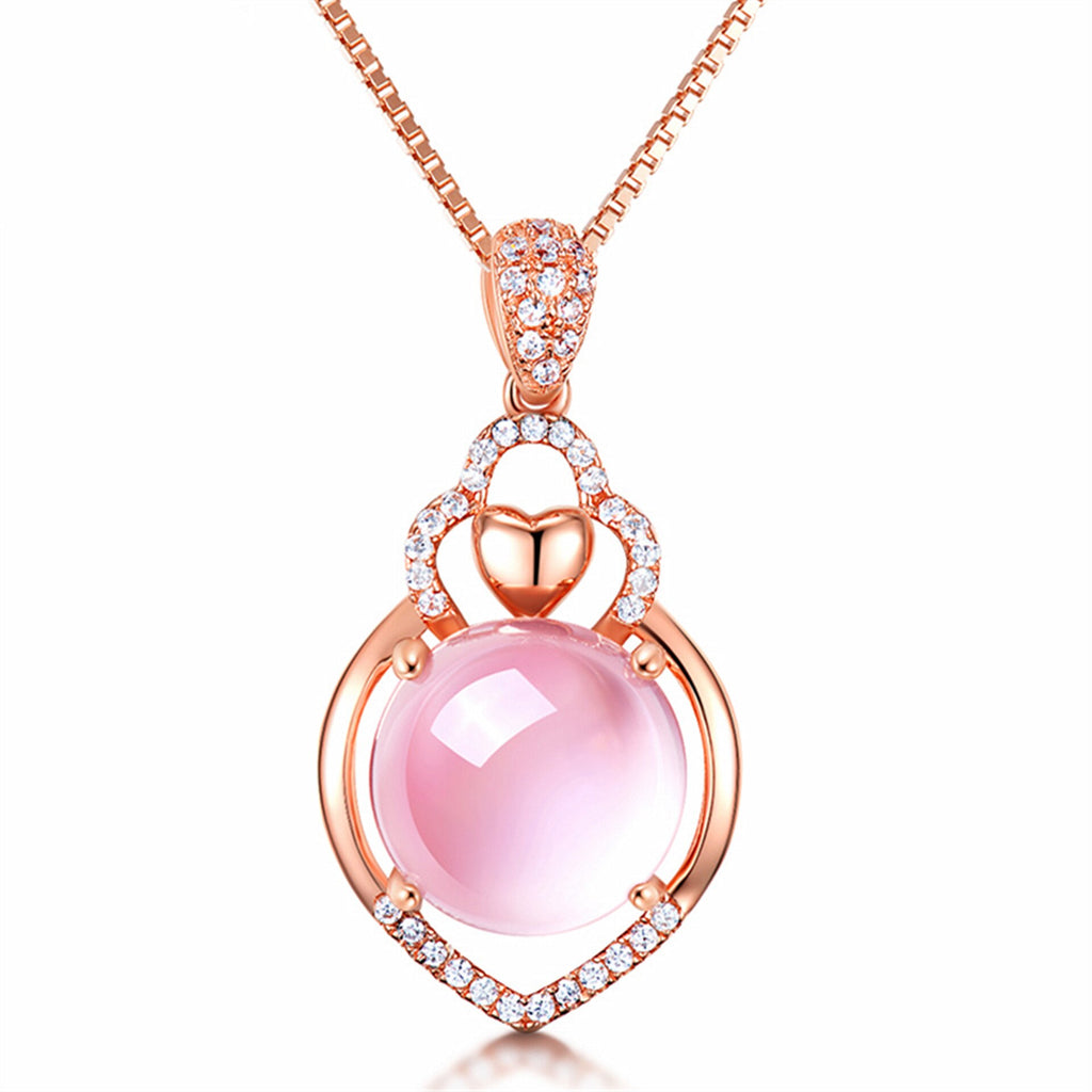 Rose Gold Necklace CZ Crystal Pink Opal Pendant Necklace Chokers Rose Gold Color for Women Girls Ross Quartz Cute Gift