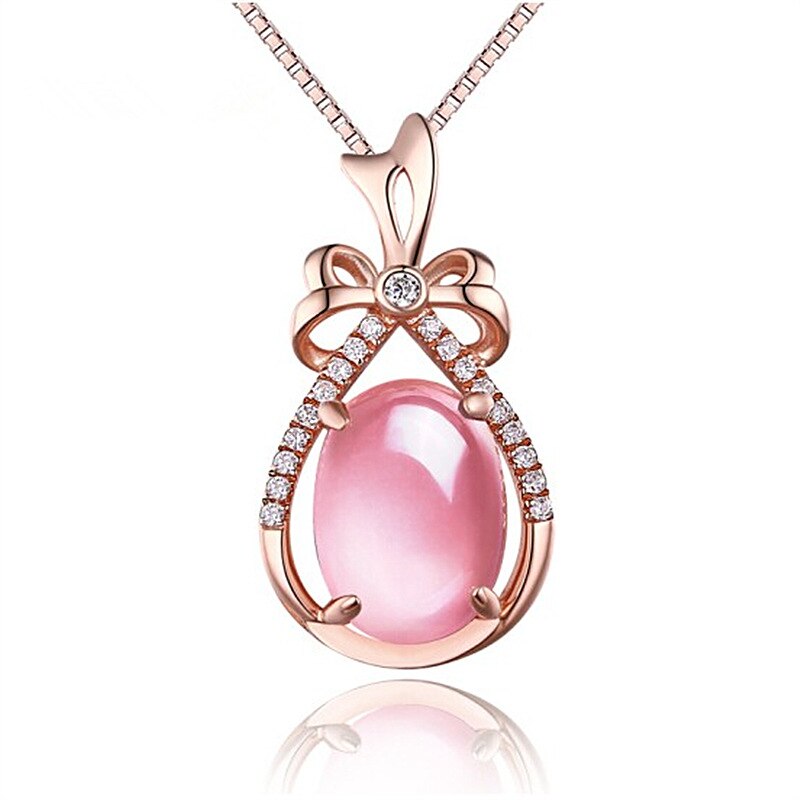 Rose Gold Necklace CZ Crystal Pink Opal Pendant Necklace Chokers Rose Gold Color for Women Girls Ross Quartz Cute Gift
