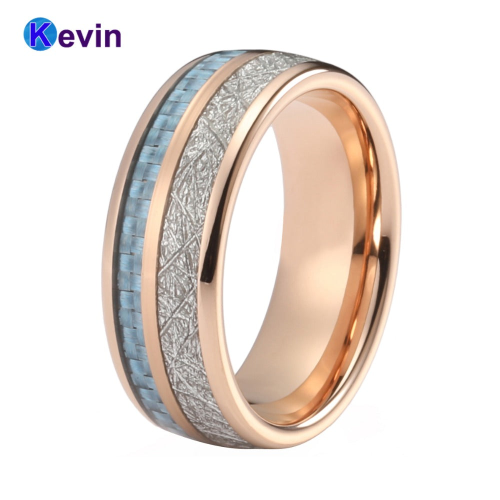 Rose Gold Wedding Band Tungsten Wedding Rings For Men And Women With Light Blue Carbon Fiber And White Meteorite Inlay