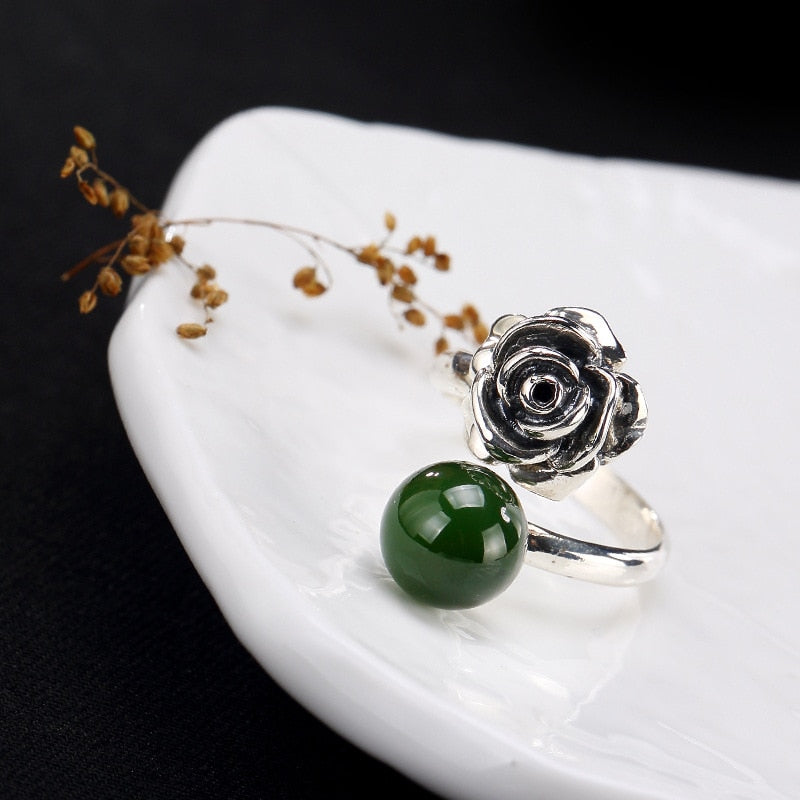 Rose Promotion Women Anel Feminino 2020 New S925 Sterling Antique Natural Jade Inlaid Rose Lady High-end Open Ring Wholesale