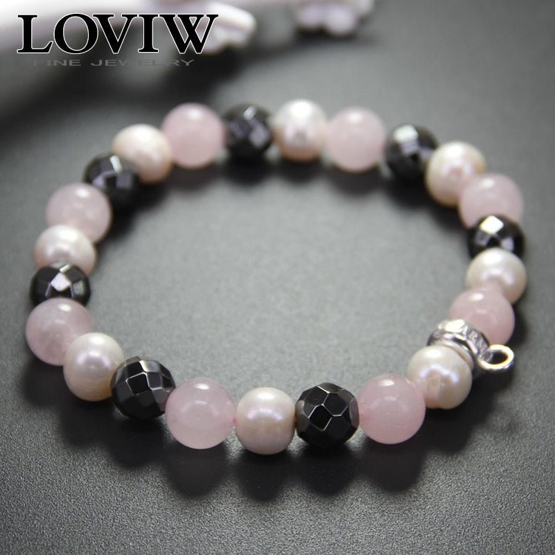 Rose Quartz Pearl Bead Bracelet thomas style beaded bracelets 925 Sterling Silver Charm Carrier Women Fine Jewelry