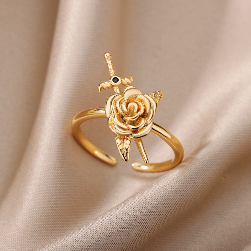 Rose and Sword Rings for Women Open Adjustable Stainless Steel Gold Color Couple Ring Romantic Wedding Aesthetic Jewelry