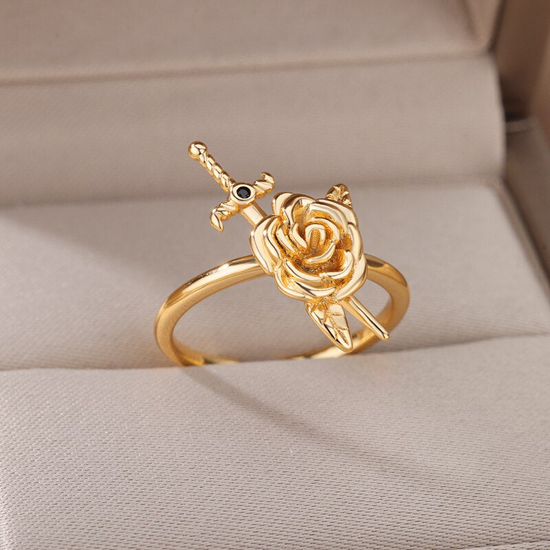 Rose and Sword Rings for Women Open Adjustable Stainless Steel Gold Color Couple Ring Romantic Wedding Aesthetic Jewelry