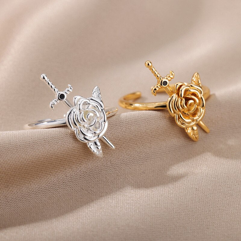 Rose and Sword Rings for Women Open Adjustable Stainless Steel Gold Color Couple Ring Romantic Wedding Aesthetic Jewelry
