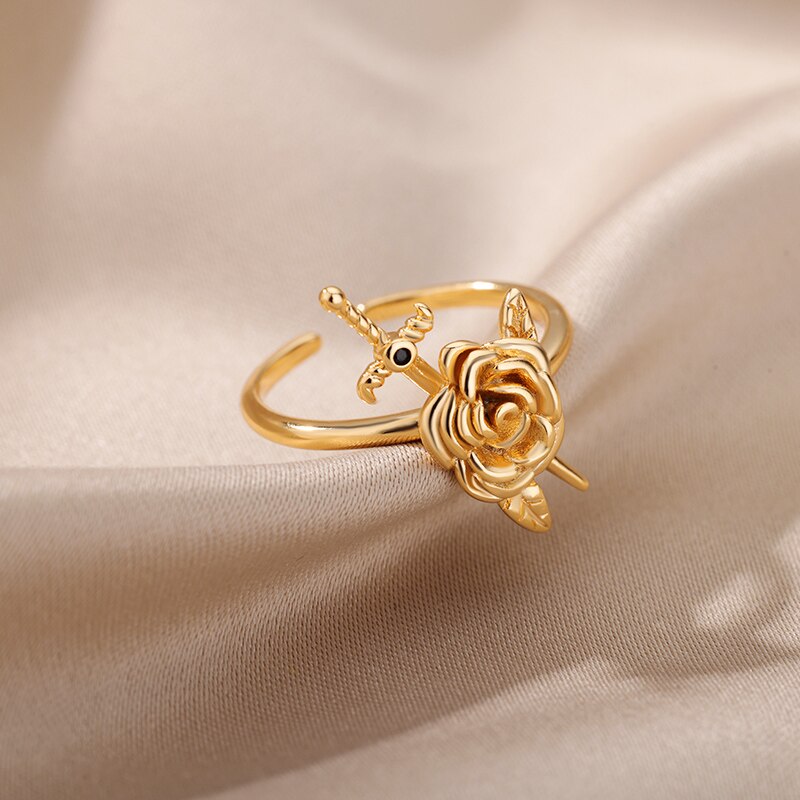 Rose and Sword Rings for Women Open Adjustable Stainless Steel Gold Color Couple Ring Romantic Wedding Aesthetic Jewelry