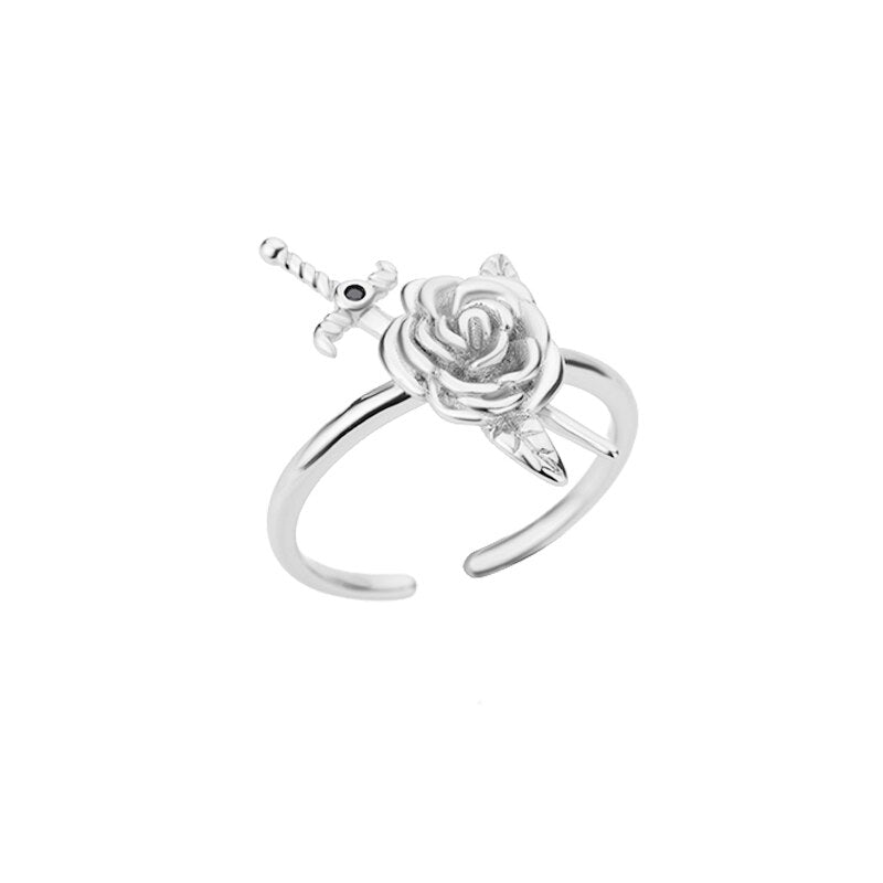 Rose and Sword Rings for Women Open Adjustable Stainless Steel Gold Color Couple Ring Romantic Wedding Aesthetic Jewelry