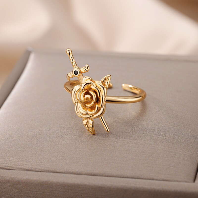 Rose and Sword Rings for Women Open Adjustable Stainless Steel Gold Color Couple Ring Romantic Wedding Aesthetic Jewelry