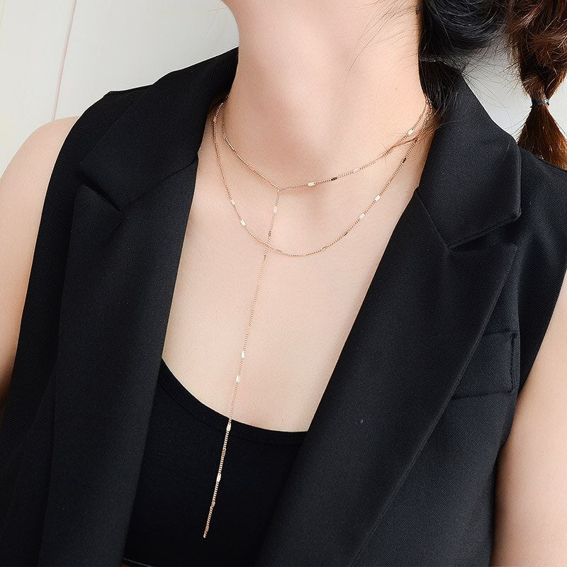 Rose gold color double layer choker necklace women collares femme, minimalism stainless steel necklaces long pendant jewelry