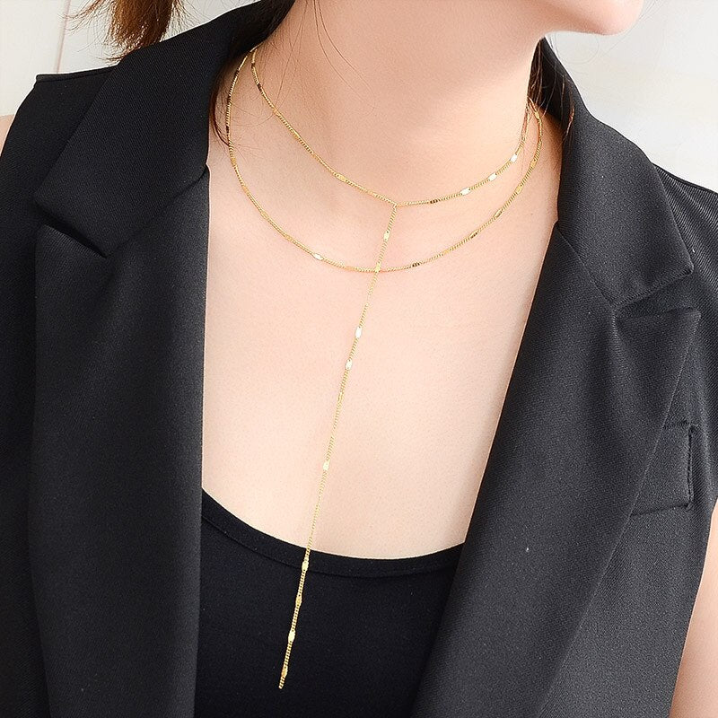 Rose gold color double layer choker necklace women collares femme, minimalism stainless steel necklaces long pendant jewelry