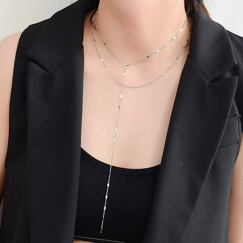 Rose gold color double layer choker necklace women collares femme, minimalism stainless steel necklaces long pendant jewelry
