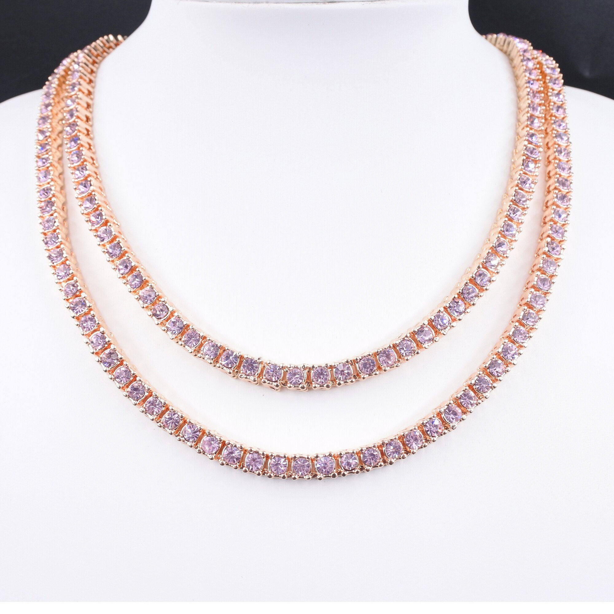 Rose gold pink crystal 1 row tennis chain hip hop women's necklace men's punk rapper singer's iced out bling cz jewelry