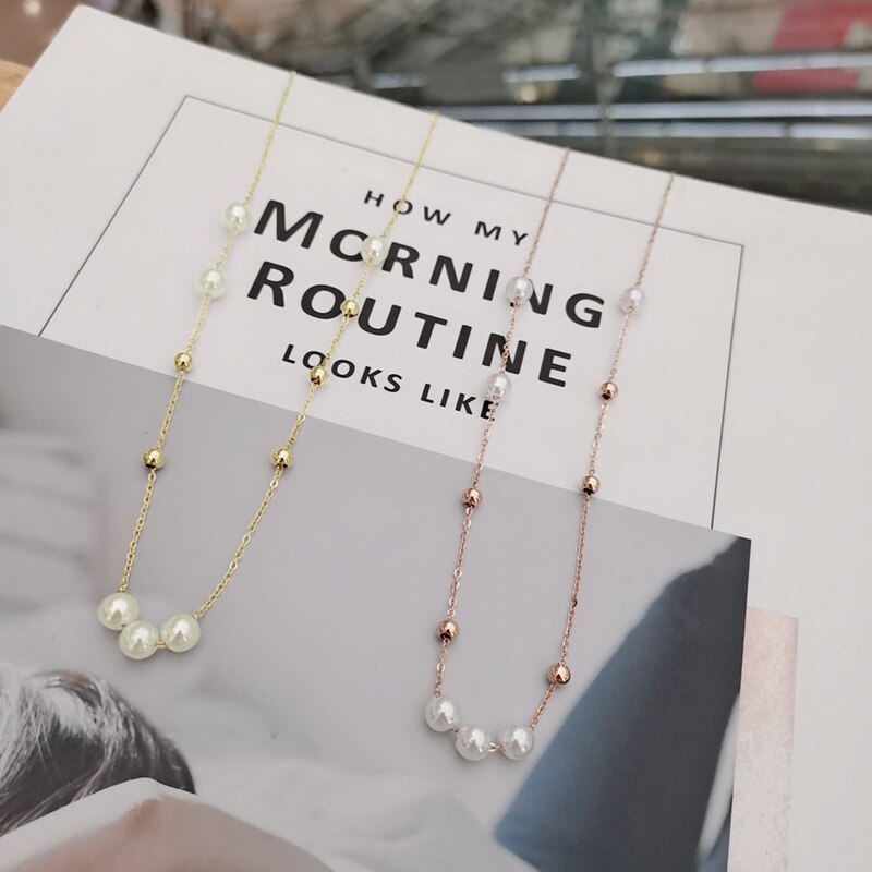 Rose gold titanium steel Necklace,Pearl collarbone necklace,No fading and no allergy
