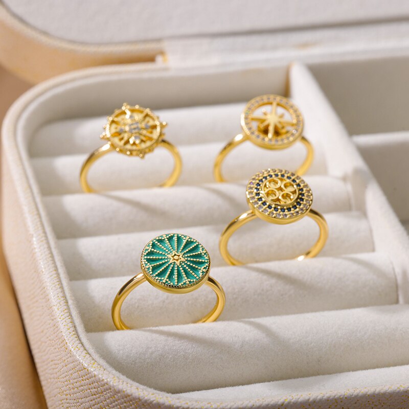 Rotatable Fancy Zircon Rings for Women Stainless Steel Floral Star Gold Color Ring 2023 Trend Zirconia Aesthetic Jewelry anillos