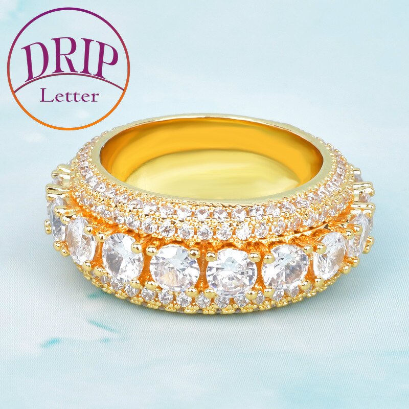 Rotating Solid Men's Ring Gold Color Cubic Zircon Hip Hop 18 K Copper Charm Jewelry