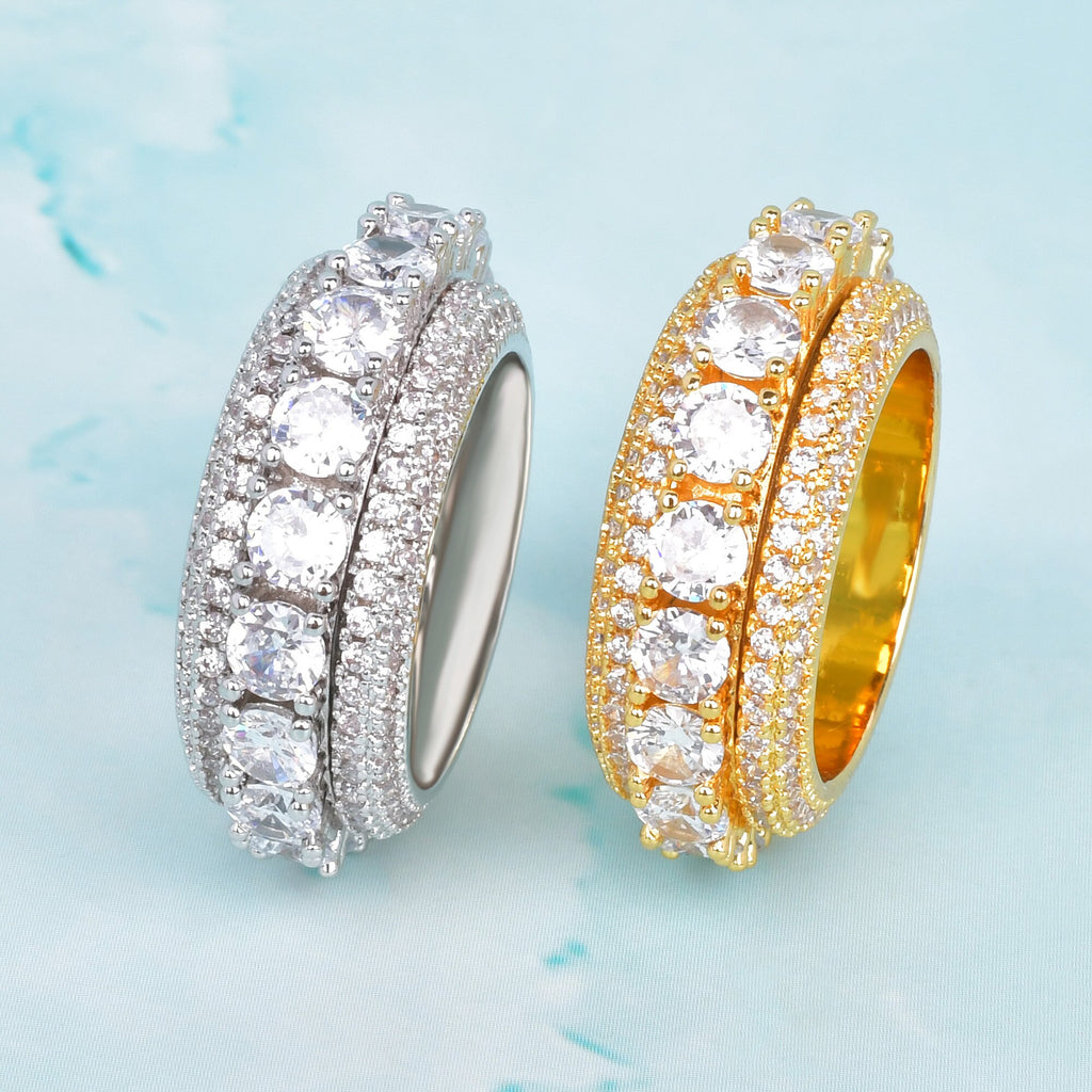 Rotating Solid Men's Ring Gold Color Cubic Zircon Hip Hop 18 K Copper Charm Jewelry