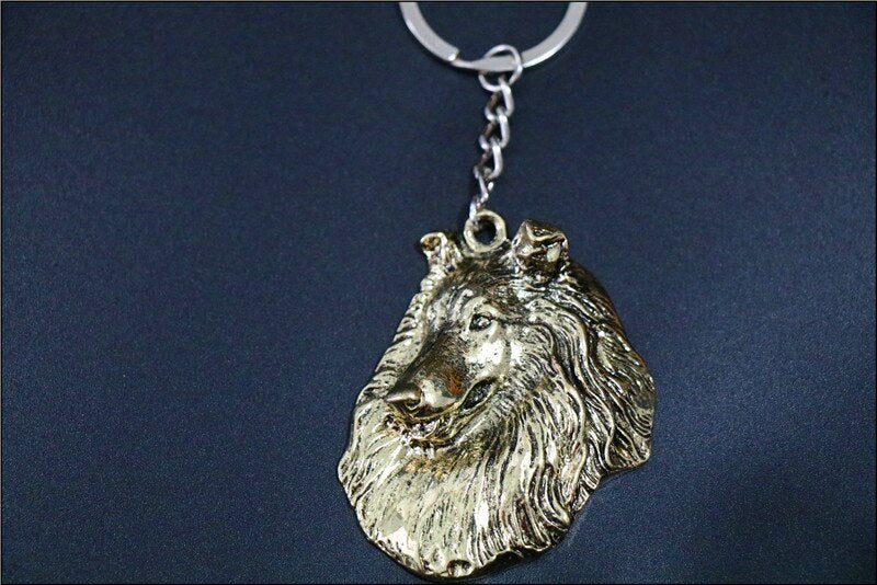 Rough Collie dog necklace  Handmade keychain  Embossed  pendant jewelry golden colors plated fast delivery