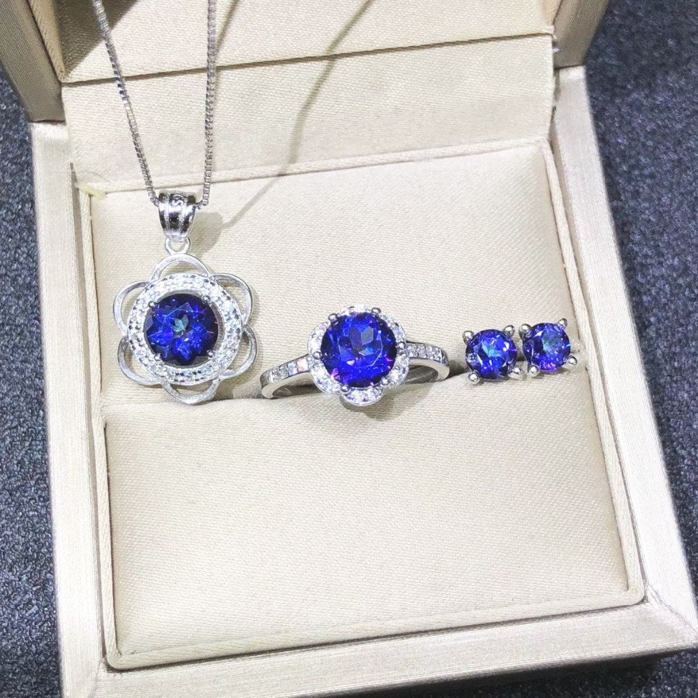 Round 7MM Natrual Blue Topaz Ring Stud Earrings Pendant Necklace 925 Sterling Silver Woman Jewelry Sets with 45cm Box Chain