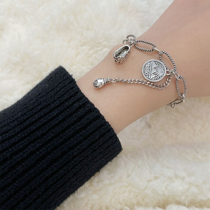 Round Brand Bracelets For Women 925 Stamp Hippie Steampunk Charms Chains Bangles Wedding  Jewelry Gift Christmas