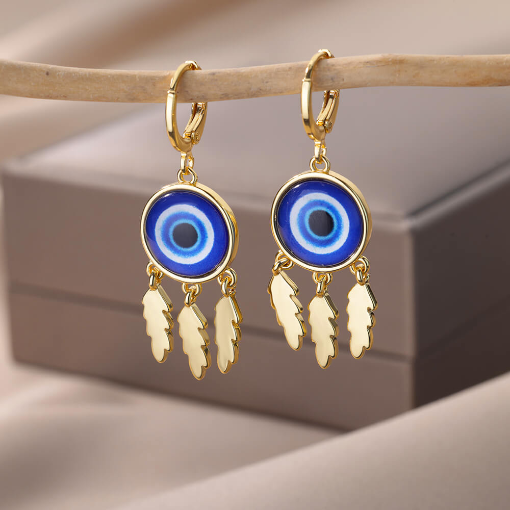 Round Evil Eye Stud Earrings for Women Gold Plated Stainless Steel Feather Earrings Vintage Aesthetic Jewelry Christmas Gifts