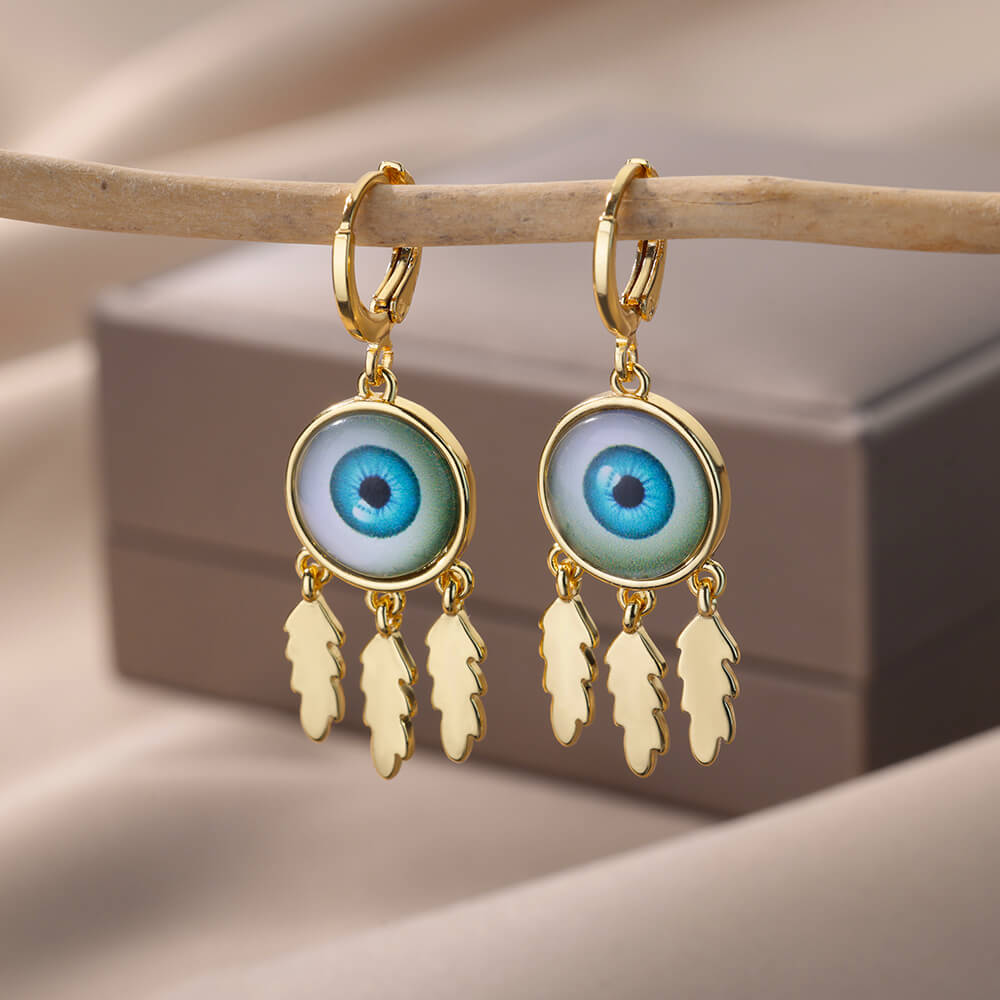 Round Evil Eye Stud Earrings for Women Gold Plated Stainless Steel Feather Earrings Vintage Aesthetic Jewelry Christmas Gifts