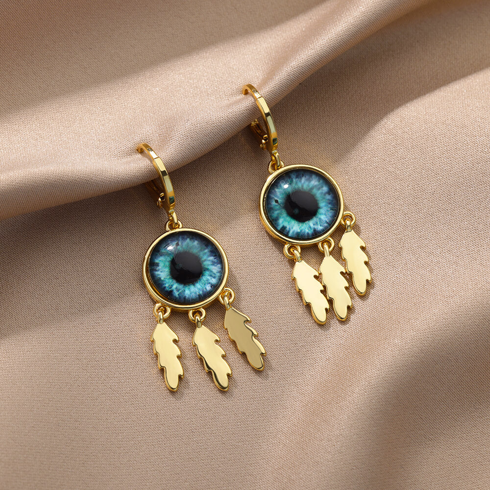 Round Evil Eye Stud Earrings for Women Gold Plated Stainless Steel Feather Earrings Vintage Aesthetic Jewelry Christmas Gifts