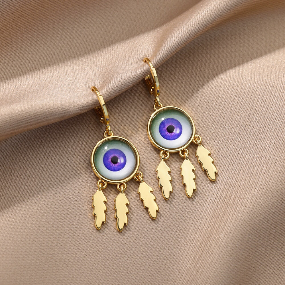 Round Evil Eye Stud Earrings for Women Gold Plated Stainless Steel Feather Earrings Vintage Aesthetic Jewelry Christmas Gifts
