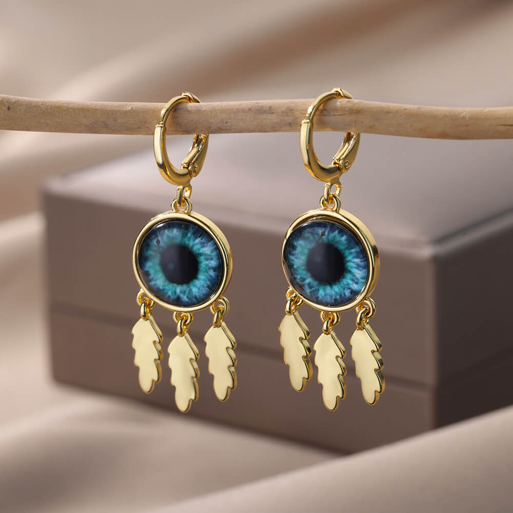 Round Evil Eye Stud Earrings for Women Gold Plated Stainless Steel Feather Earrings Vintage Aesthetic Jewelry Christmas Gifts