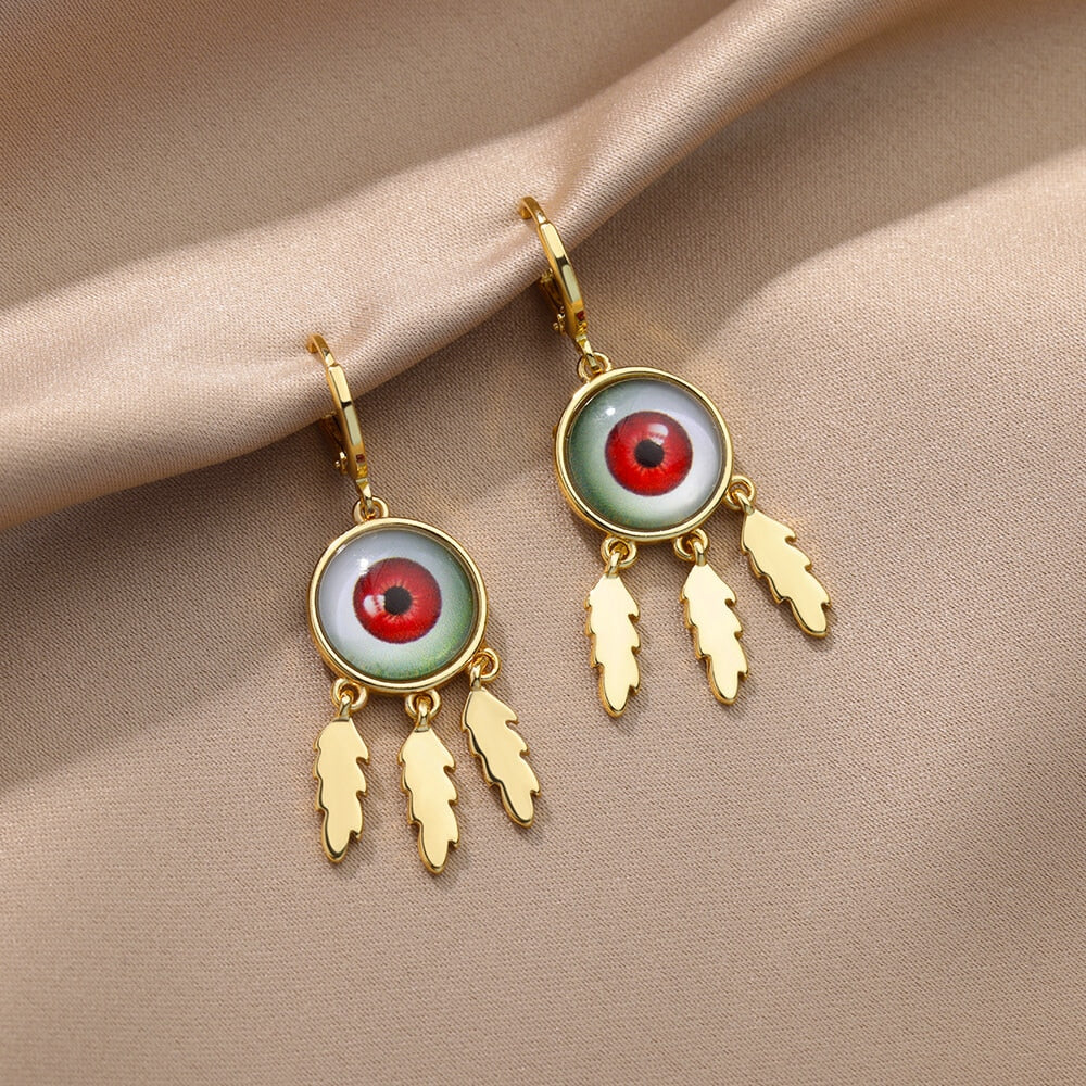 Round Evil Eye Stud Earrings for Women Gold Plated Stainless Steel Feather Earrings Vintage Aesthetic Jewelry Christmas Gifts