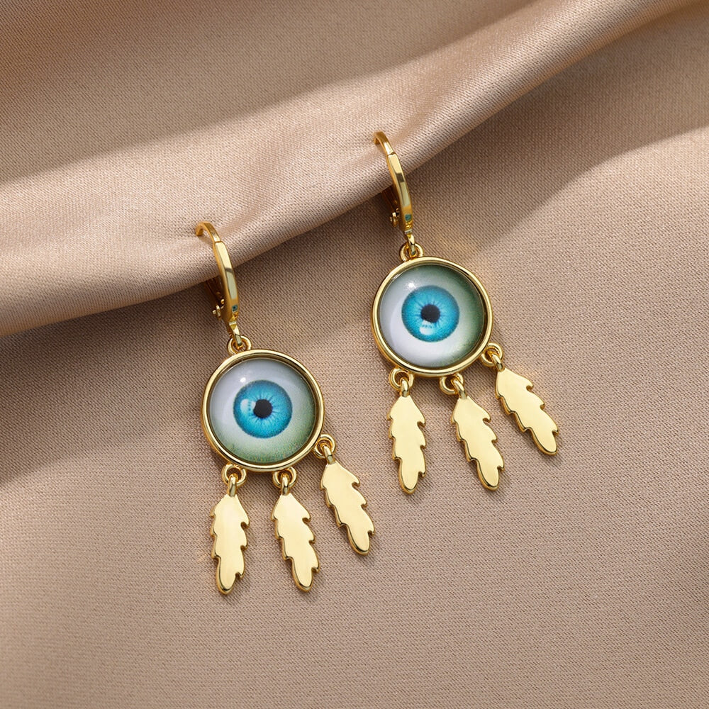 Round Evil Eye Stud Earrings for Women Gold Plated Stainless Steel Feather Earrings Vintage Aesthetic Jewelry Christmas Gifts